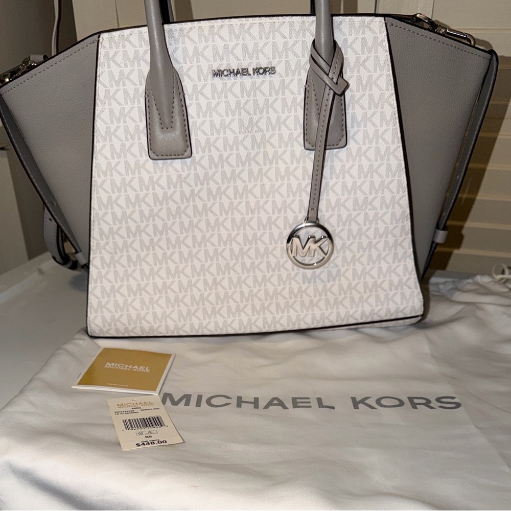 Michael Kors White and Gray Logo-Print Satchel with MK Charm - Picture 2 of 7
